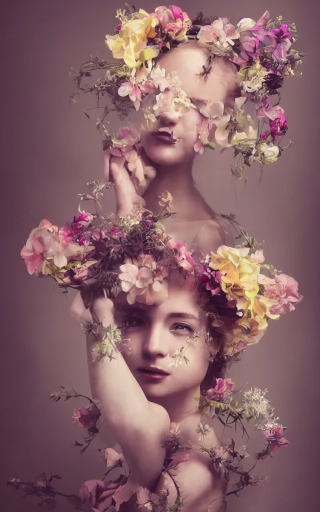 Prompt: a gorgeous young woman from the future adorned with flowers, creative studio portrait photography with wildly experimental lighting from various sources, cinematic, dramatic, in the style of WLOP and Norman Rockwell