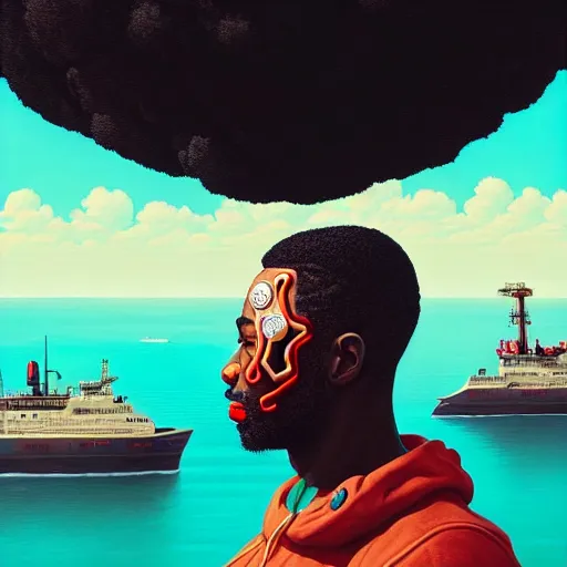 Image similar to a portrait of a black man :: side profile blood :: background sea :: intricate details :: futuristic oxygen mask :: 8k :: simon stalenhag and Sandra Chevrier