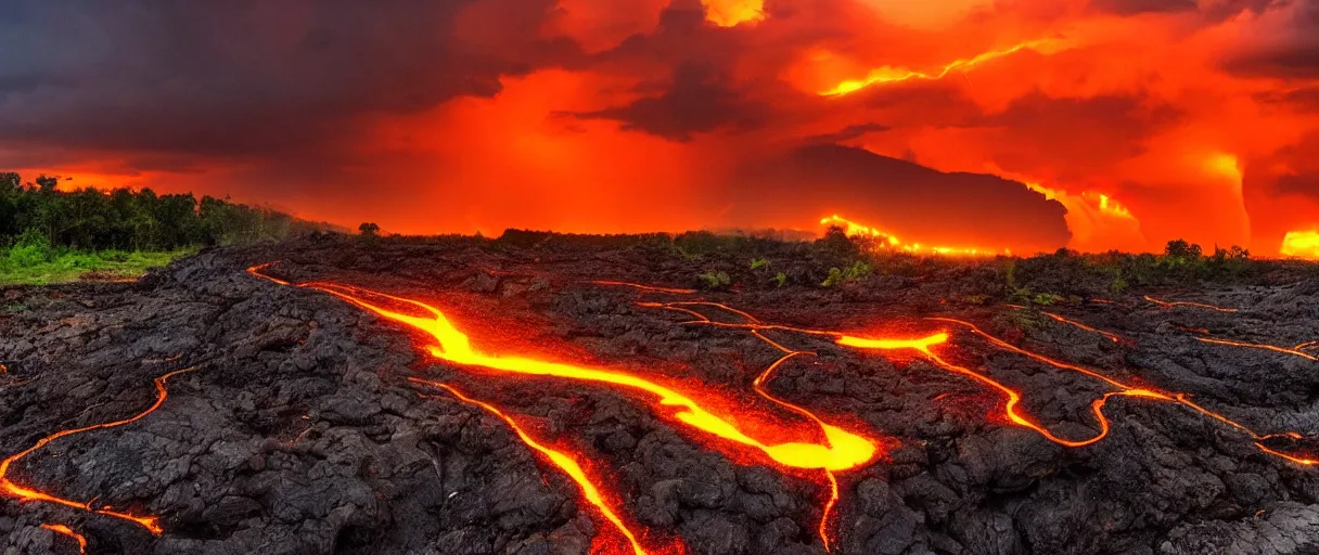 Image similar to lava flowing trough the amazone lightning clouds, sunset, mountains, 4 k, hd, explosive, colorfull