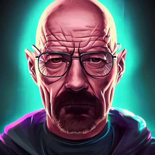 Prompt: high quality illustration, walter white realistic portrait, cyberpunk colors, riot game, beautiful, alexandre bourlet, vaporwave, lois van baarle, league of legend, digital painting, james jean, dynamic colors, greg rutkuwsky, artstation, concept art, neon