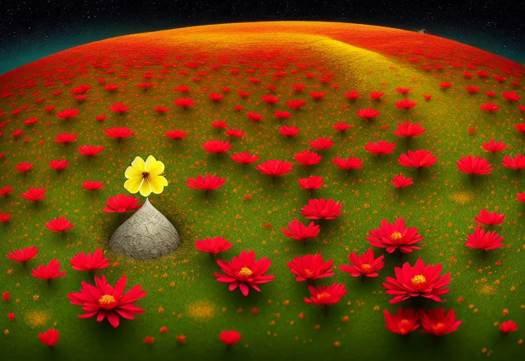 Image similar to by Gediminas Pranckevicius, Not often, but occasionally. A star is born in a flower. Nestled in a soft bed of pollen and petals it can grow in the most unlikely of places. Just waiting for a lucky creature to find it,night star sky background Galaxys, red and yellow flower, trending on artstation, WLOP