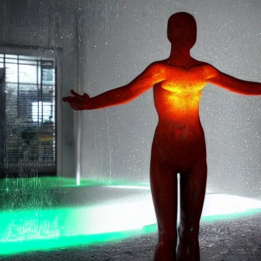 Image similar to a human sculpture made out of rain, neon, beautiful, rendered in octane, unreal engine, realistic