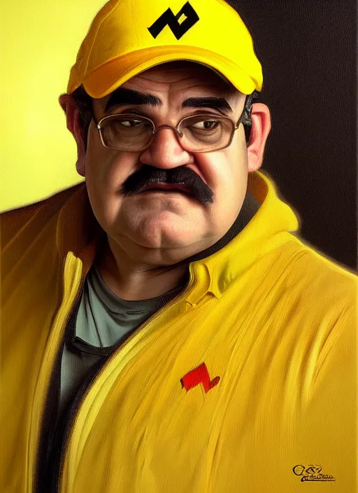 Image similar to oil portrait of wario wearing a yellow cap, intricate, elegant, highly detailed, lighting, painting, artstation, smooth, illustration, art by greg rutowski and alphonse mucha