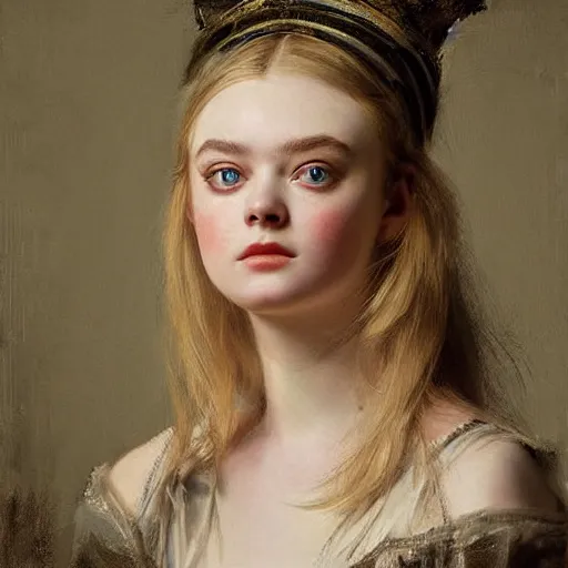 Image similar to a striking hyper real painting of Elle Fanning by Jan Matejko