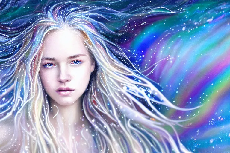 Image similar to highly detailed portrait of a beautiful girl running in snow with wet blonde hair and pale face, swirling wispy tendrils, bright scattered rainbow-colored particles, fantasy, intricate, elegant, dramatic lighting, emotionally evoking symbolic metaphor, highly detailed, lifelike, photorealistic, digital painting, artstation, concept art, smooth, sharp focus, illustration, art by John Collier and Albert Aublet and Krenz Cushart and Artem Demura and Alphonse Mucha