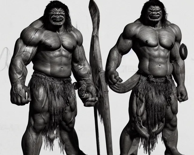 Image similar to hyper realistic group vintage photograph of a warrior orc tribe, tall, muscular, hulk like physique, tribal paint, tribal armor, highly detailed