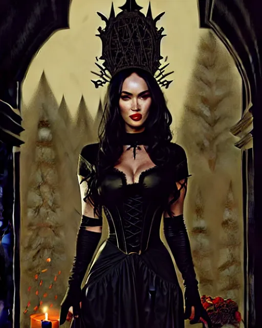 Image similar to megan fox witch queen, black eyes, blood, full body, intricate victorian dress, middle shot, cinematic lighting, studio quality, symmetrical eyes, artgerm, joshua middleton, rafael albuquerque, moody lighting, candles, art style by klimt, nixeu and ian sprigger and wlop and krenz cushart