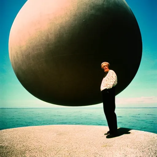 Prompt: a photo of a man in baggy clothes standing on top of a massive orb-like Non-Euclidean clay building floating in the ocean, vintage photo, beautiful cinematography, blue sky, surreal, film grain, symmetrical, James Turrell