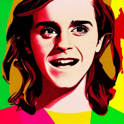 Prompt: rainbow smiling emma watson as hermione. pop art.