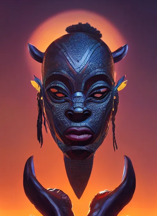 Image similar to highly detailed digital painting of afrofuturistic wakandan voodoo mask biocircuitry, sinister, artstation, concept art, matte, sharp focus, illustration, dramatic, cinematic sunset, hearthstone, art by artgerm and greg rutkowski and alphonse mucha