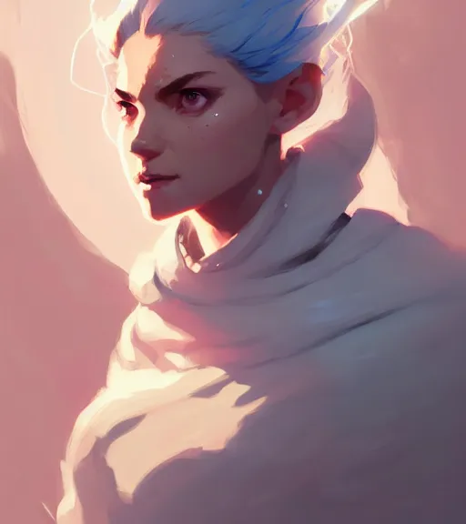 Image similar to portrait of a female mage, fantasy, by atey ghailan, by greg rutkowski, by greg tocchini, by james gilleard, by joe fenton, by kaethe butcher, dynamic lighting, gradient light blue, brown, blonde cream and white color scheme, grunge aesthetic