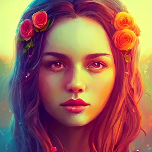 Image similar to beautiful charming goddess of sunshine and roses, character art portrait, deviantart artstation, by alena aenami, by michael whelan, behance hd, bokeh