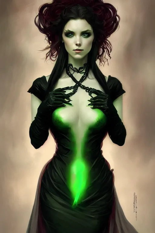 Image similar to portrait of a dark fantasy seductive female necromancer, stylish black dress, green eyes, long red hair, fantasy, elegant, intricate, full frontal shot, highly detailed, digital painting, artstation, concept art, sharp focus, illustration, art by artgerm and greg rutkowski and alphonse mucha