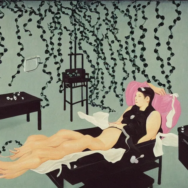 Image similar to a female pathology student in her apartment, wrapped in vines, medical equipment, candles, octopus, first aid kit, pig, black walls, ikebana, black armchair, sculpture, acrylic on canvas, surrealist, by magritte and monet