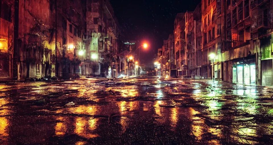 Prompt: a photo of an abandoned city street, wet streets, nighttime, technicolor film stock