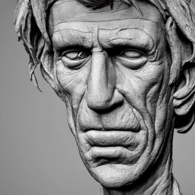 Image similar to photography of a bust of Keith Richards made of clay by Sebastian Kruger and Michelangelo, 50mm, studio atmosphere, 8K, rim light, octane render, ultra-realistic