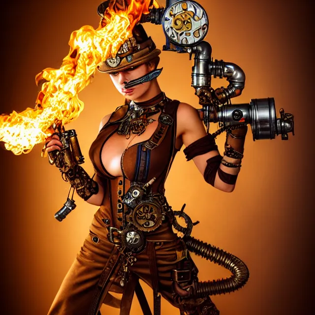 Prompt: steampunk warrior with a flamethrower, highly detailed, 4 k, hdr, smooth, sharp focus, high resolution, award - winning photo, anne stokes, photorealistic