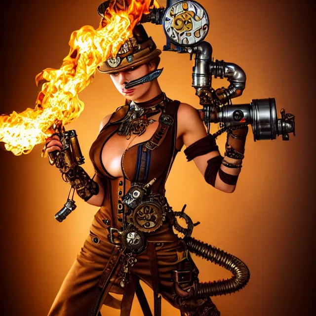 Image similar to steampunk warrior with a flamethrower, highly detailed, 4 k, hdr, smooth, sharp focus, high resolution, award - winning photo, anne stokes, photorealistic