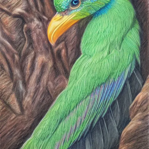 Prompt: a color pencil drawing of a quetzal by natalia rojas and ana maria martinez jaramillo, pastel colors, in the style of wingspan artworks, realistic graphite, high quality, artstation, 4 k, realism, photorealism, extremly fine art
