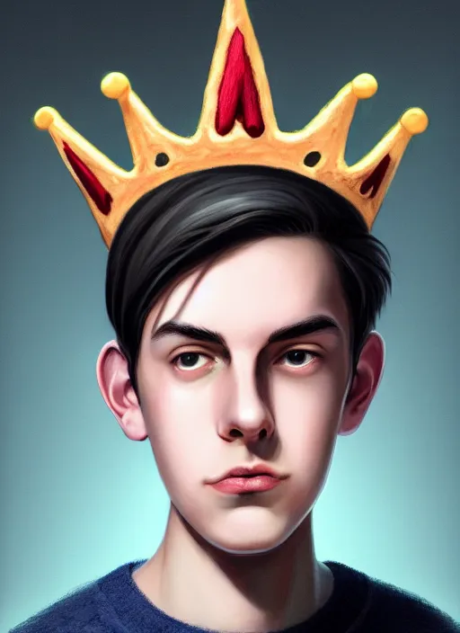 Image similar to portrait of teenage jughead jones wearing a light grey crown, photorealistic, crown, sweater with letter s on it, hamburger, eyes closed, crown, black hair, intricate, elegant, glowing lights, highly detailed, digital painting, artstation, concept art, smooth, sharp focus, illustration, art by wlop, mars ravelo and greg rutkowski