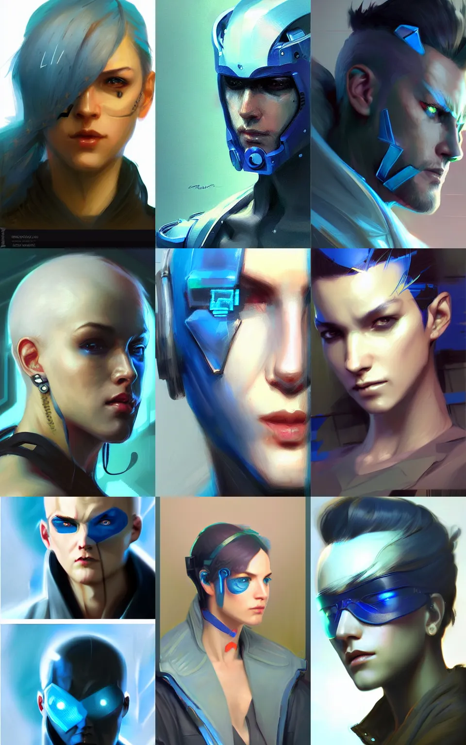 Prompt: character concept portrait, blue cyberpunk character, style digital painting, concept art, smooth, sharp focus, illustration, from Metal Gear, by Ruan Jia and Mandy Jurgens and William-Adolphe Bouguereau, Artgerm