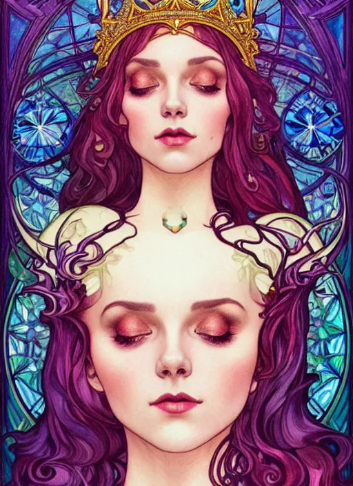 Image similar to fantastic portrait of a beautiftul witch with some shinny star, crown, royally decorated crystal gemstones, symmetrical face, art nouveau, portrait, cute, fairy, by artgerm, kelly mckernan, charlie bowater, alphonse mucha, detailed background, artstation, intricate, elegant, highly detailed, colorful, maximalist