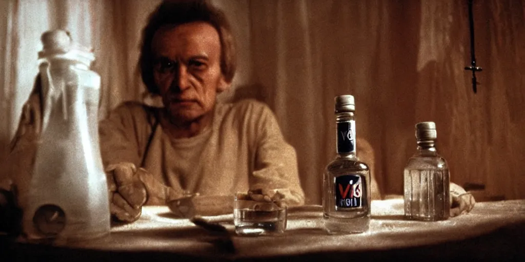 Image similar to alien from movei alien 1 9 7 9 staying with bottle of vodka in russian village. cold light, cinematic colors, high detail