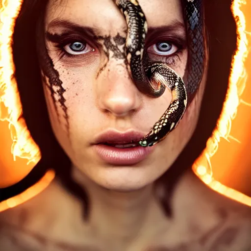 Prompt: closeup portrait of a woman with intense eyes and horns!!! and snakes!!! attached to her head, closeup, studio lighting, backlit, golden hour, trending on artstation, spectacular photo, popular photo