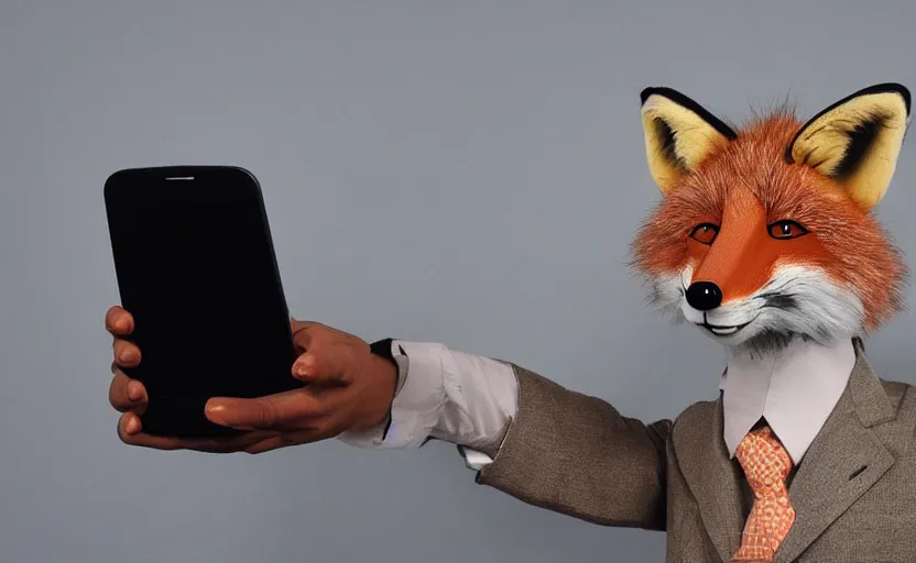 Image similar to an anthropomorphic fox looking at his smartphone which he is holding wearing a suit, anthro, posted on furafinity