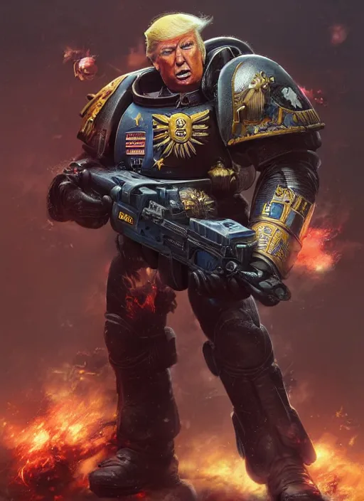 Prompt: donald trump is a space marine, complex 3 d render, hyper detailed, ultra sharp, cinematic, natural soft light, rim light, octane render, artstation, art by artgerm and greg rutkowski and alberto seveso