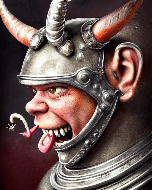 Image similar to highly detailed closeup, face profile portrait of a tin toy matt damon as a medieval demon with horns eating cakes in a castle, hyper realistic, artstation, illustration, nicoletta ceccoli, mark ryden, lostfish, dan decarlo, bob clampett, max fleischer, digital paint, matte paint, vivid colors, detailed and intricate environment