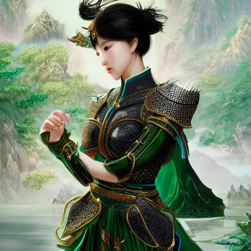 Image similar to portrait black hair young knights of Dynasty Warriors girl, metallic green armor, in ruin fire chinese palace sunrise, ssci-fi and fantasy, intricate and very beautiful and elegant, highly detailed, digital painting, soft light, artstation, concept art, smooth and sharp focus, illustration, art by tian zi and WLOP and alphonse mucha