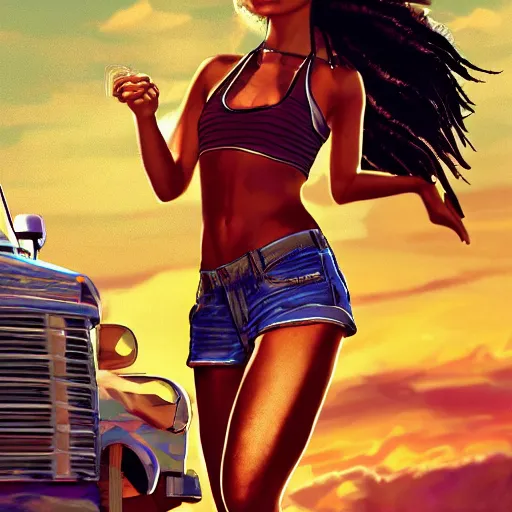 Prompt: zoe kravitz as a california surfer girl, full body shot, gta 5 cover art, hd digital art, trending on artstation