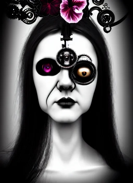 Prompt: black and white gothic masterpiece profile face portrait, one steampunk eye biomechanical beautiful young female cyborg - vampire, body meshes, big monocular, volumetric light, hibiscus flowers, by hg giger, rim light, big gothic fashion pearl embroidered collar, 8 k