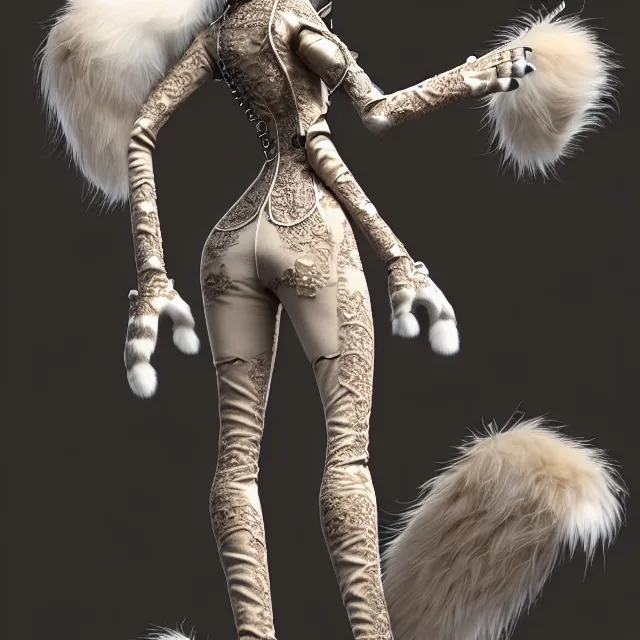 Prompt: the full body of anthropomorphic lynx fursona from behind wearing a steampunk suit as unimaginably beautiful, gorgeous, elegant, young woman with lynx head, fluffy tail, paw pads, an ultrafine hyperdetailed illustration by furaffinity, intricate linework, white fur, unreal engine 5 highly rendered, global illumination, radiant light, detailed and intricate environment