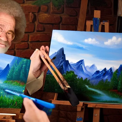 Image similar to a closeup photorealistic photograph of bob ross working on a canvas painting of cookie monster. film still. brightly lit scene. mountains and trees. this 4 k hd image is trending on artstation, featured on behance, well - rendered, extra crisp, features intricate detail, epic composition and the style of unreal engine.