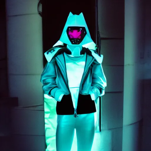 Prompt: cyberpunk streetwear anthropomorphic badger, health goth, sleek futuristic style, 2070s, fashion magazine photography, 35mm film, turquoise and pink lighting, dynamic pose