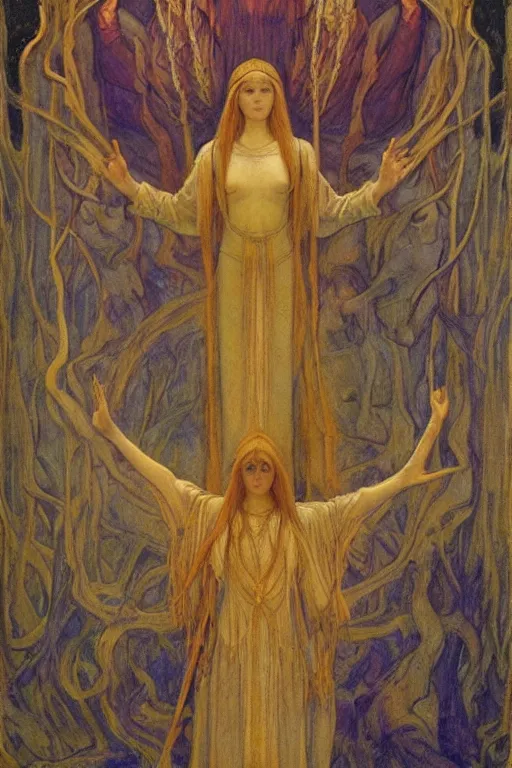 Image similar to spirit of the last forest by Annie Swynnerton and Nicholas Roerich and jean delville, strong dramatic cinematic lighting , ornate headdress , flowing robes, lost civilizations, smooth, sharp focus, extremely detailed