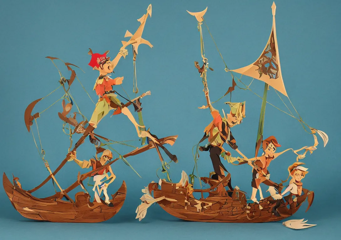 Image similar to a stylized cut paper sculpture of peter pan and captain hook sword fighting on a pirate ship