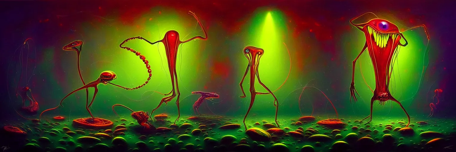 Image similar to strange alien plankton creatures from the depths of the collective unconscious, dramatic lighting, surreal darkly colorful painting by ronny khalil