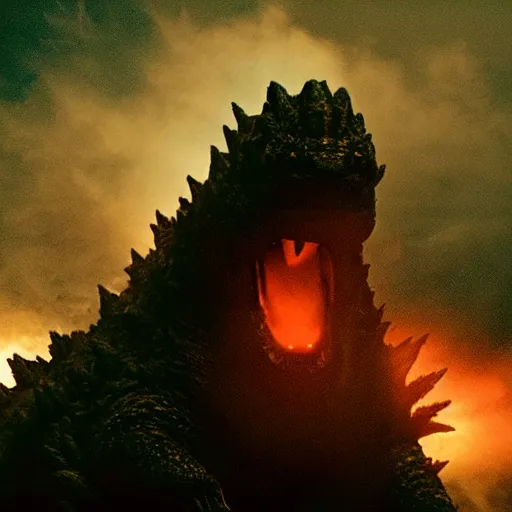 Prompt: godzilla exhaling a large hit from his bong, movie still, cinematic lighting