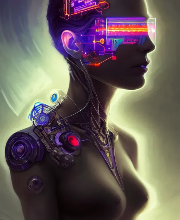 Image similar to a whirlwind inside the metaverse, male, hologram, half body, neurochip, shaved temple, piercing, jewelry, android, cyborg, cyberpunk face, by loish, d & d, fantasy, intricate, elegant, highly detailed, colorful, digital painting, artstation, concept art, art by artgerm and greg rutkowski and alphonse mucha