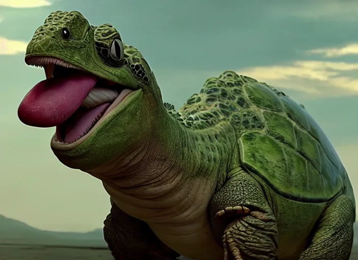 Prompt: film still of yoshi in the new sci - fi movie, cute upright dinosaur standing on its hind legs with a small turtle shell and long tongue, 8 k