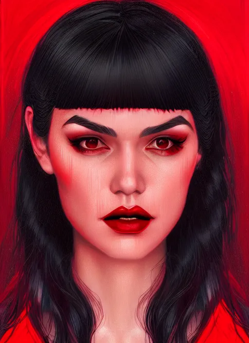 Image similar to portrait of vampire veronica lodge with bangs, vampire fangs, vampire, long hair, red clothes, bangs, vampironica, intricate, elegant, glowing lights, highly detailed, digital painting, artstation, concept art, smooth, sharp focus, illustration, art by wlop, mars ravelo and greg rutkowski