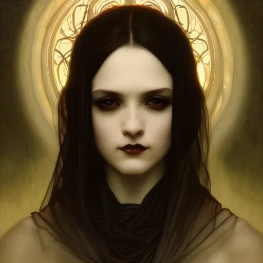 Image similar to Portrait of beautiful pale goth girl, cinematic lighting, intricate, elegant, highly detailed, digital painting, artstation, smooth, sharp focus, illustration, art by artgerm and greg rutkowski and alphonse mucha and Wayne Barlowe and william-adolphe bouguereau