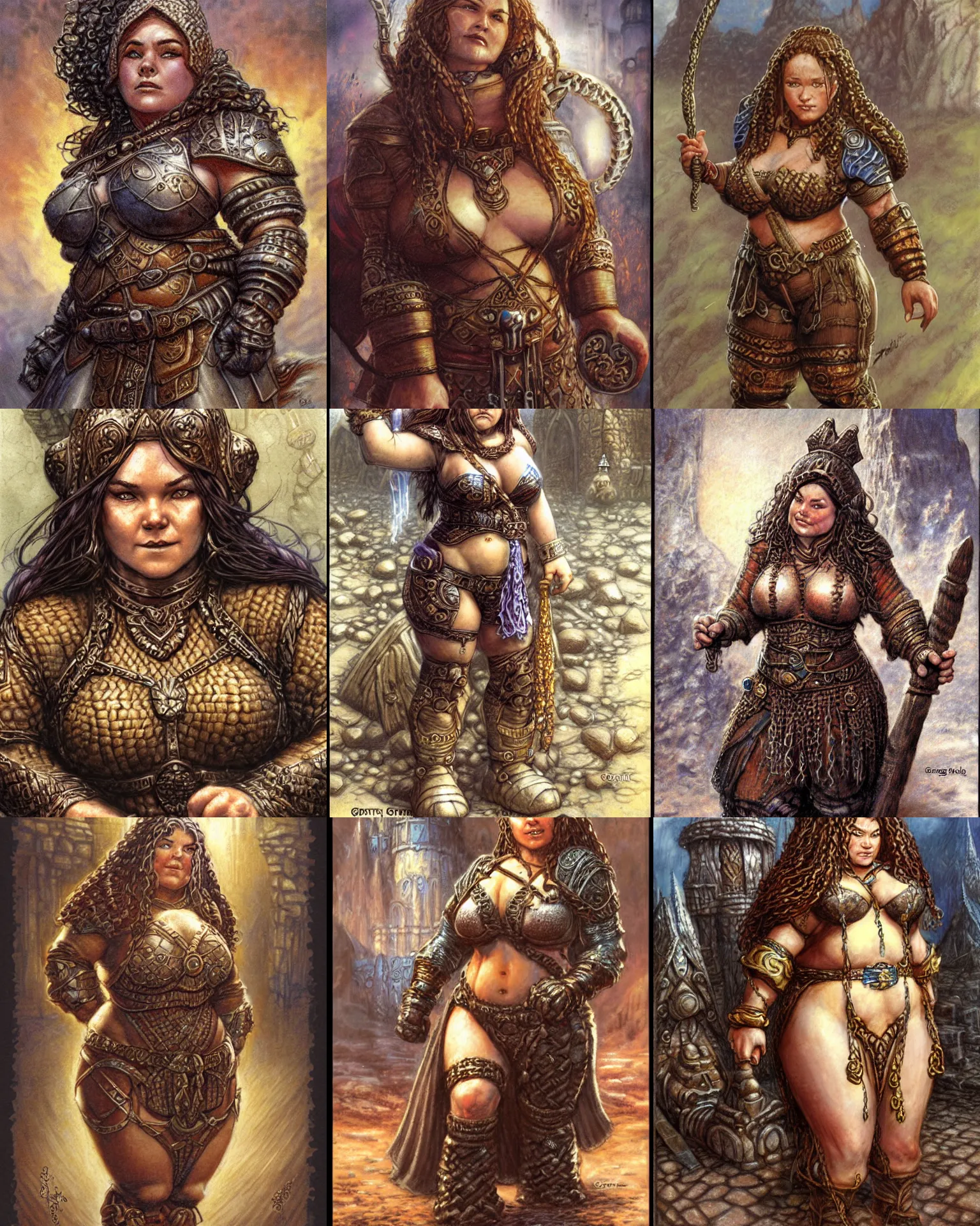 Prompt: female dwarven noblewoman, chubby short stature, braided intricate hair, by greg staples
