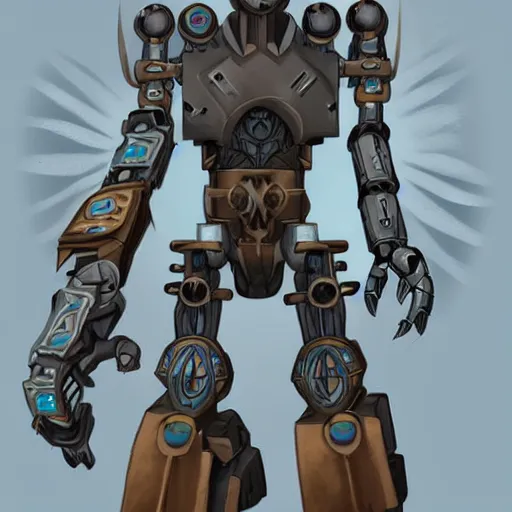 Prompt: A warforged from Dungeons & Dragons looking like the BIONICLE Keetongu with one eye and mystical tattoos on his arms, art by Christian Faber