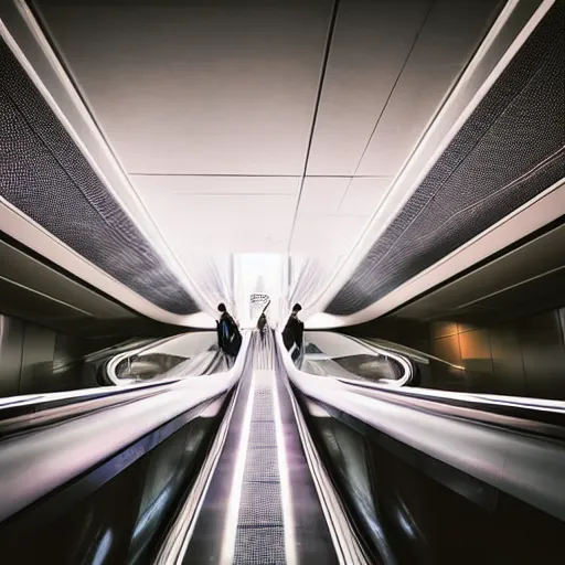 Image similar to approaching futuristic escalator inside white back glossy lit tube with streaming beams of light, building anticipation, scintillating, movement, pastel gradients, 8 k, highly detailed, professional photograph, epic composition, modern details