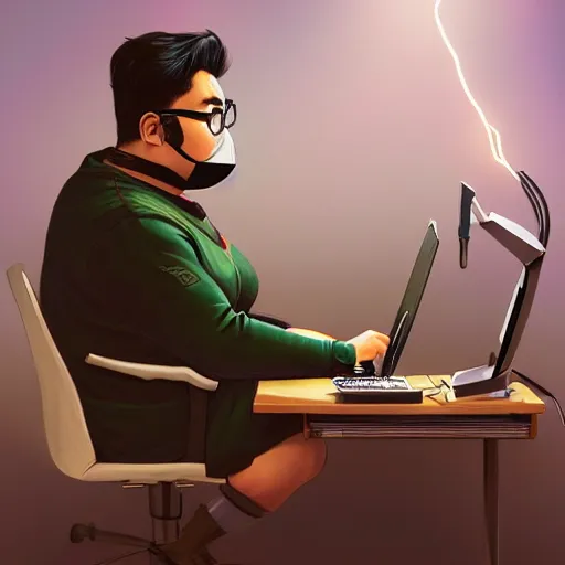 Image similar to an insanely detailed painting of a chubby nerdy asian man wearing a homemade superhero costume and mask, sitting at a computer desk typing on the keyboard, in the style of peter mohrbacher, dramatic lighting and composition, trending on artstation, concept art, comic book, graphic novel, back view