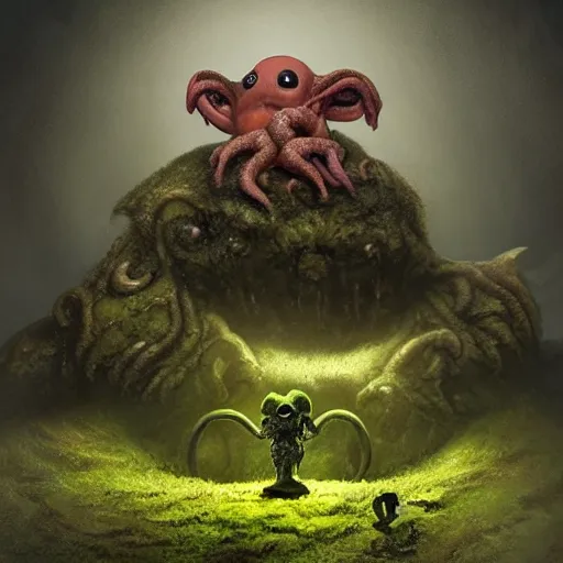 Image similar to miniature cthulhu stepping out of a rabbit hole in the ground, mist on the ground, a large dog is barking at the tiny cthulhu, dark, horror, volumetric lighting